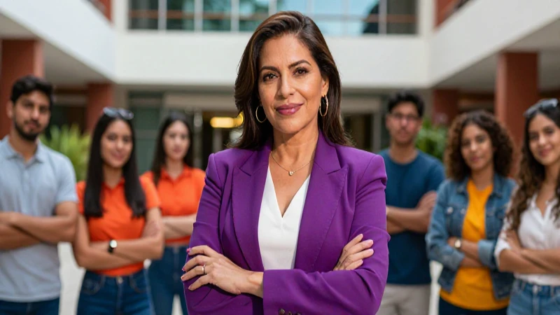 Retrato vibrante de maestra mexicana en campus