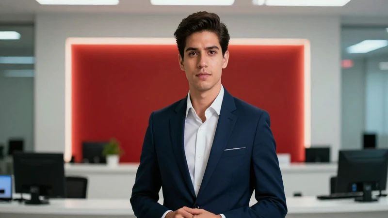 Profesional mexicana elegante en ambiente bancario