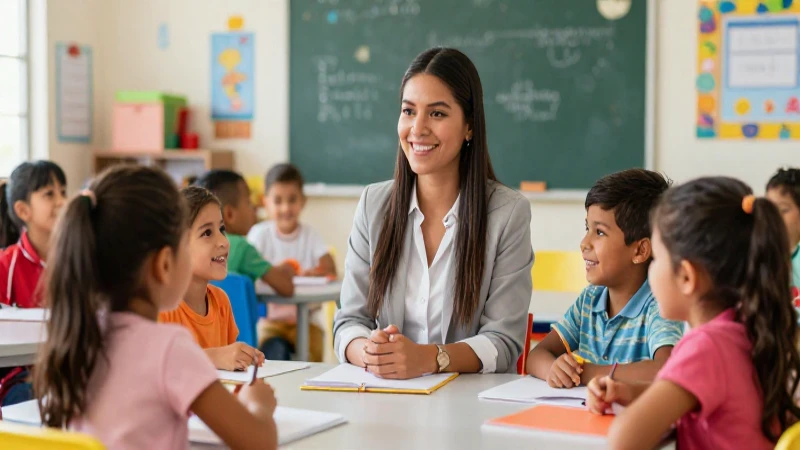 Maestra mexicana con alumnos en aula moderna