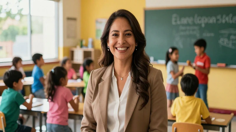 Maestra mexicana sonríe en clase moderna y alegre