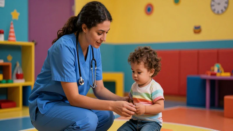 Enfermera atenta con niño en guardería moderna