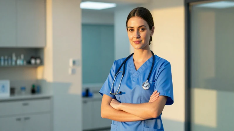 Enfermera profesional radiante en clínica moderna