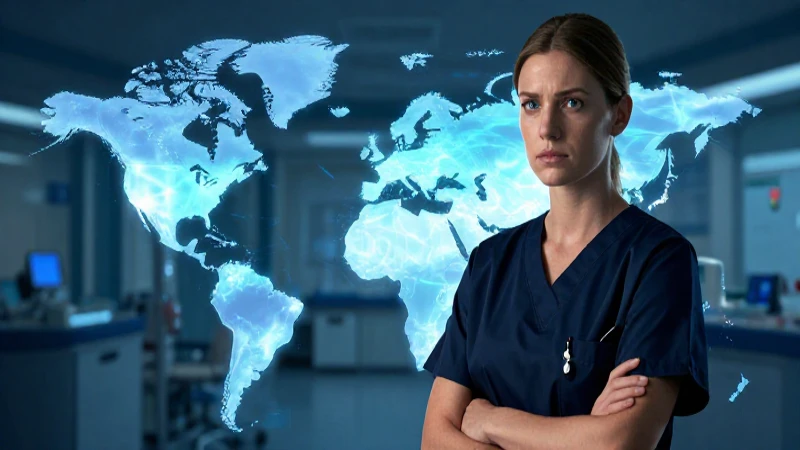 Enfermera con mapa estilizado en hospital oscuro