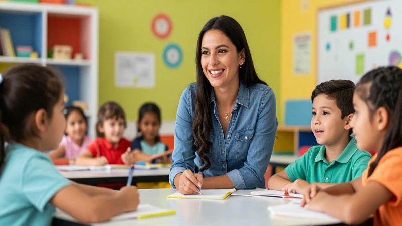Maestra mexicana y niños en aula moderna