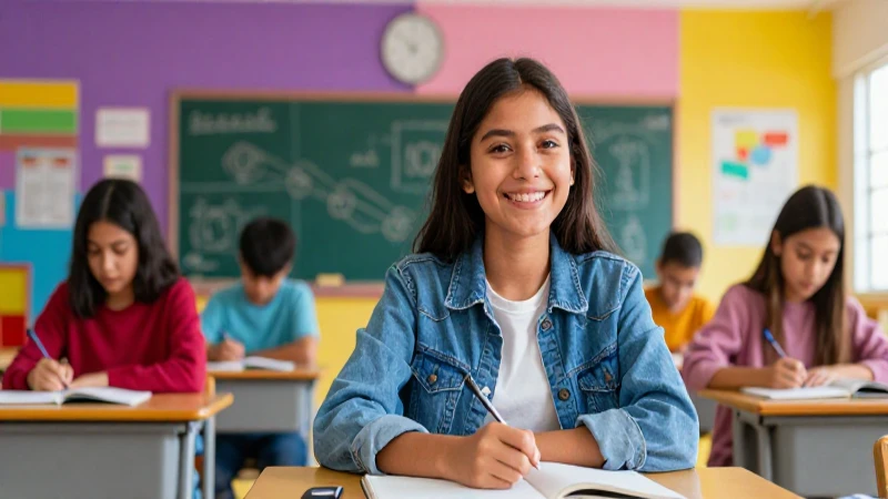 Estudiante mexicano alegre en clase vibrante