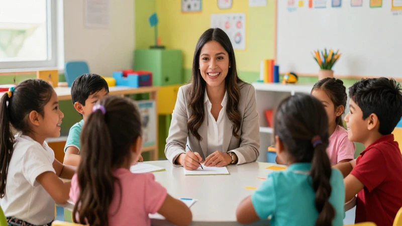 Maestra mexicana alegre enseña a niños diversos