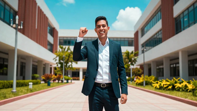 Profesional mexicano en campus académico moderno