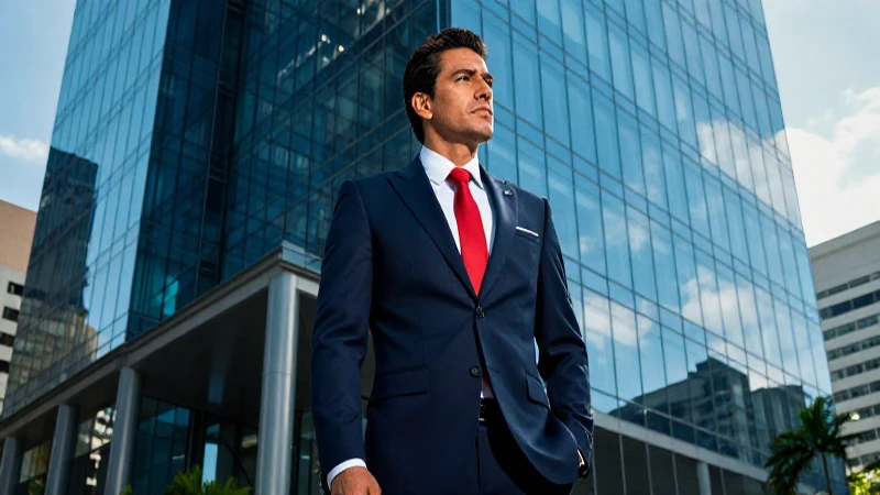 Mexicano profesional en traje ante rascacielos modernos