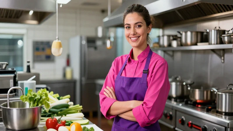 Mujer joven sonriente en cocina profesional