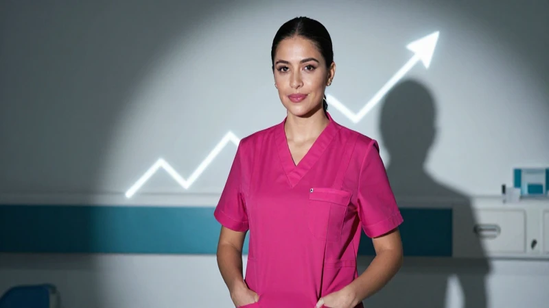 Enfermera mexicana atractiva en hospital moderno con gráficos financieros