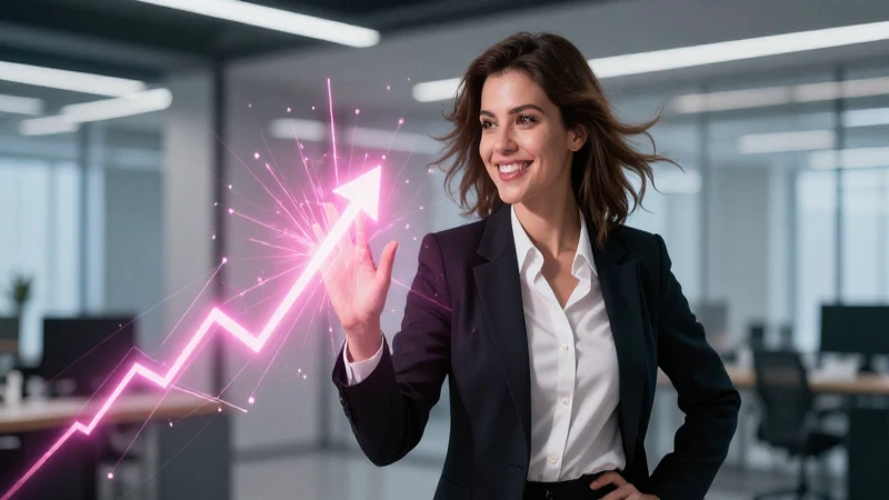Mujer profesional sonriente ante crecimiento financiero digital