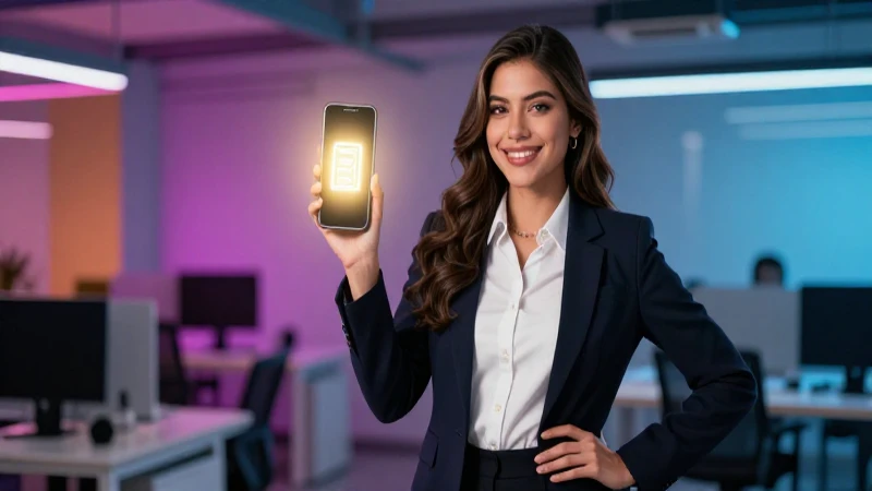 Joven mexicana exitosa con dispositivo brillante en oficina