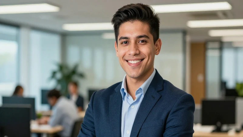Joven profesional mexicano sonriente en oficina moderna