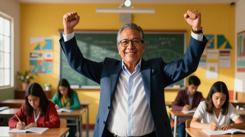 Educadora mexicana triunfante en aula moderna