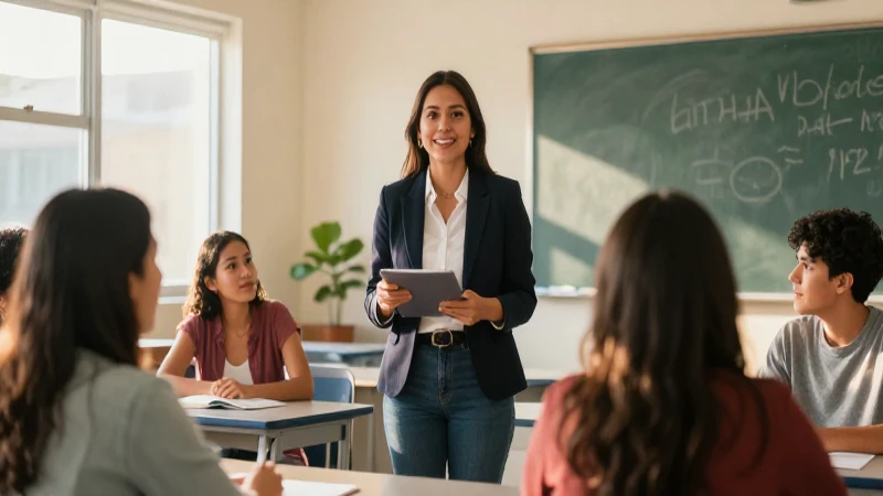 Educador mexicano con luz dorada en aula moderna