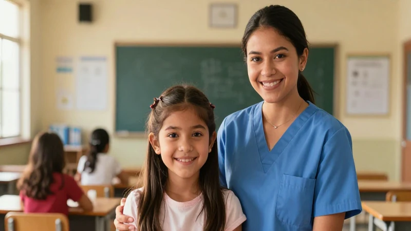 Niña sonríe en clase con cuidadora profesional