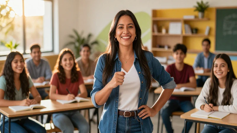Educadora mexicana enseña en un entorno moderno y vibrante