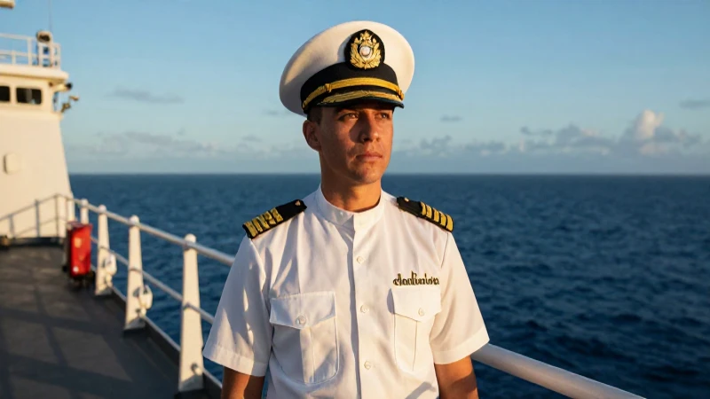 Oficial mexicano en barco, atardecer dramático, ultra realista