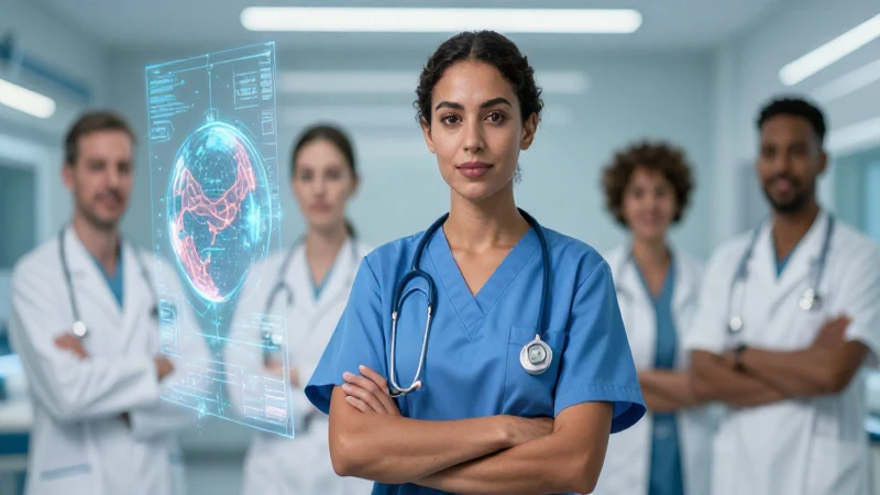 Enfermera moderna con holograma global en hospital de alta tecnología