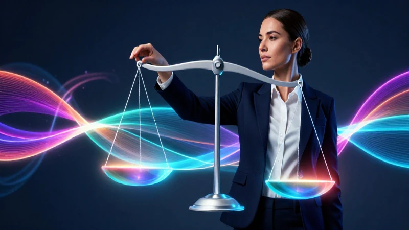 Mujer de negocios con balanza abstracta y dramática