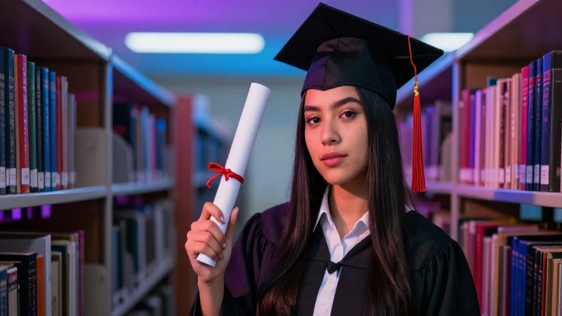 Joven universitaria mexicana en una biblioteca moderna