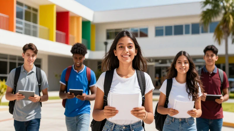 Estudiantes mexicanos entusiastas en campus moderno y vibrante