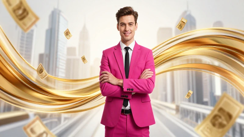 Joven de éxito con oro digital y ciudad futurista