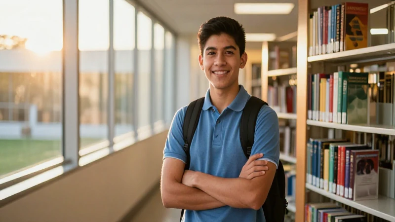 Estudiante mexicano confiado en biblioteca luminosa