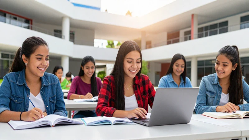Estudiantes mexicanos felices en campus moderno y vibrante