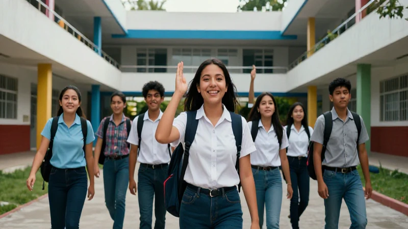 Estudiantes felices mexicanos en progreso escolar