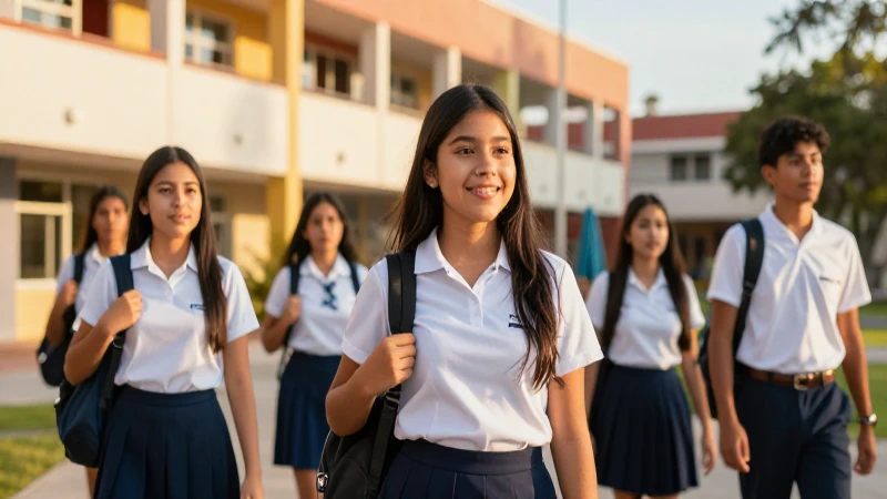 Estudiantes mexicanos en uniforme, luz dorada y colores vivos