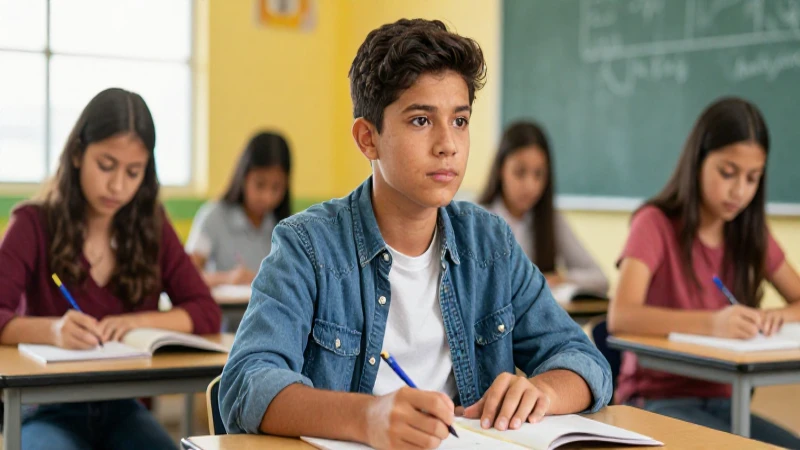 Joven mexicano decidido en aula moderna