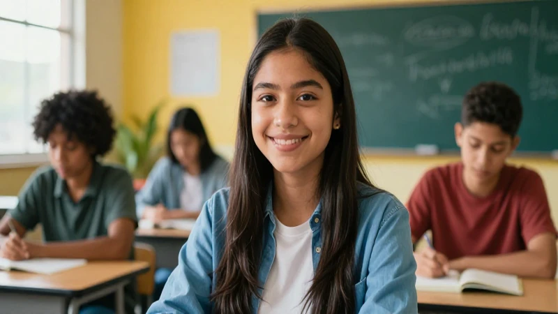 Estudiante mexicano sonríe en aula moderno y vibrante