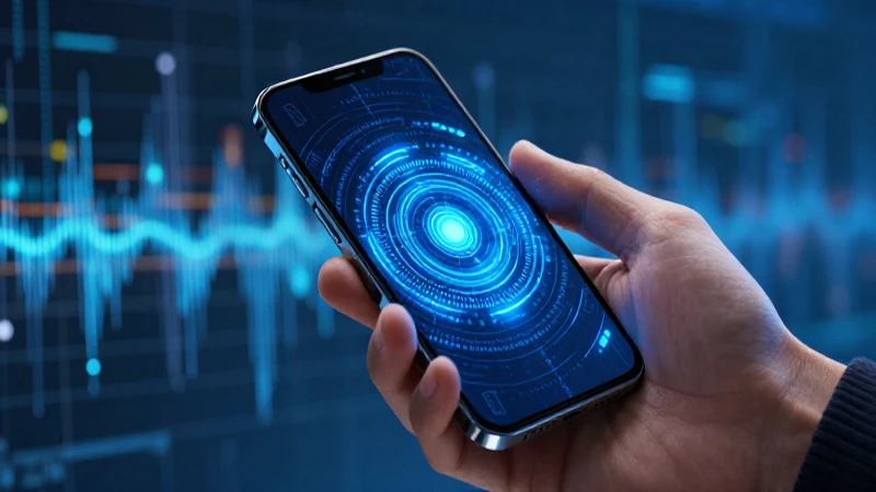 Mano sostiene teléfono futurista con patrones de seguridad