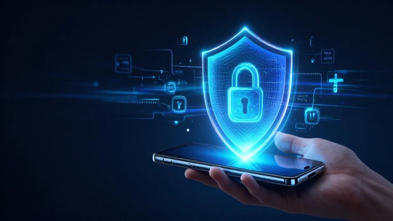 Manos sostienen smartphone con escudo digital vibrante