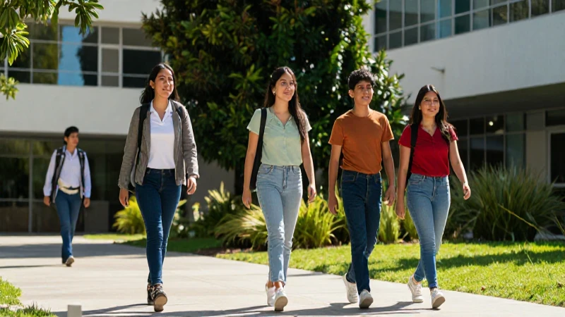 Estudiante mexicano camina confiadamente por campus
