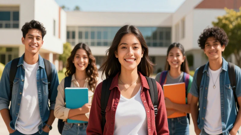 Estudiante sonriente en campus universitario moderno