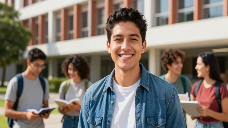 Joven sonriente y diverso en campus vibrante