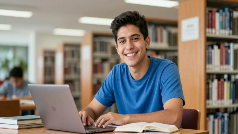 Estudiante mexicano sonríe estudiando en biblioteca moderna