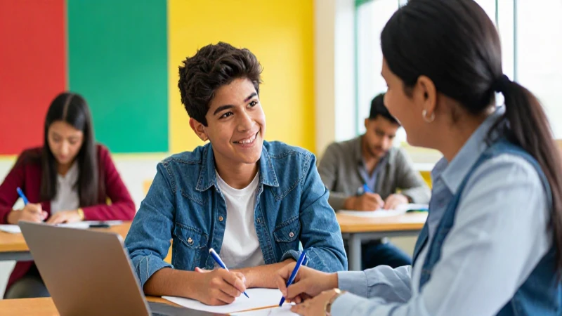 Estudiante mexicano sonríe con mentor en clase
