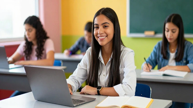 Joven mexicana sonriente en aula moderna