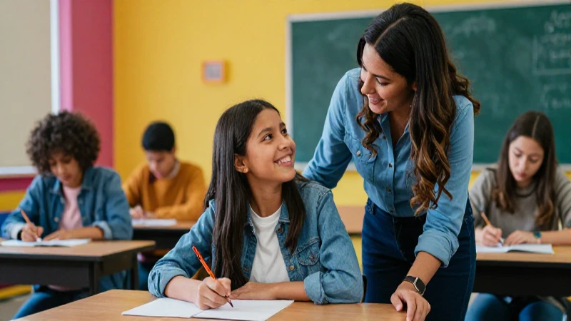 Estudiante mexicano alegre con tutor en aula