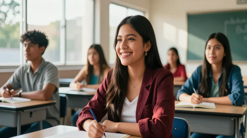 Estudiante mexicano feliz en aula moderna
