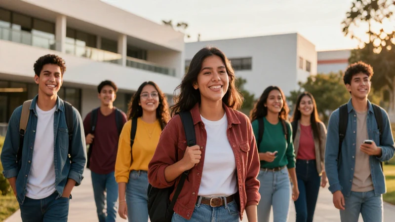 Estudiantes mexicanos sonrientes en campus moderno y vibrante