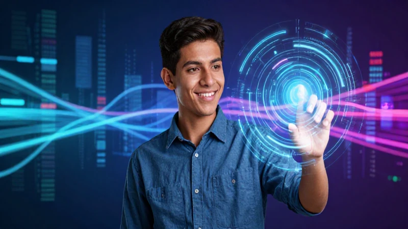 Joven mexicano interactúa con tecnología digital vibrante