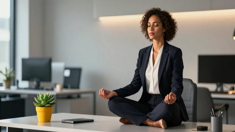 Mujer en meditación frente a escritorio moderno