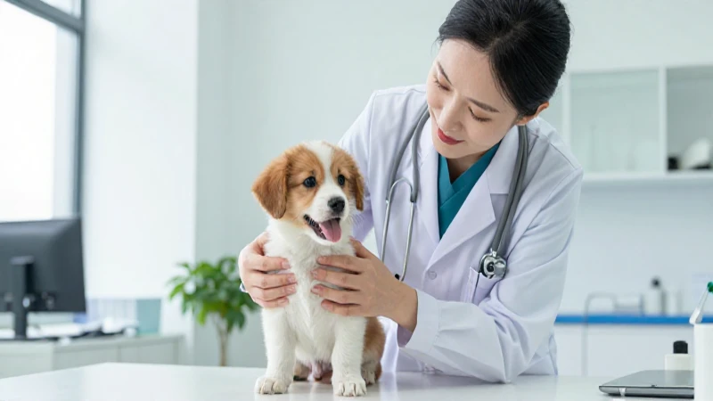 Vetrariano compasivo examina cachorro feliz