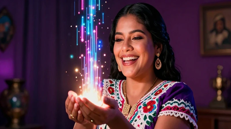 Mujer mexicana feliz recibiendo prosperidad digital