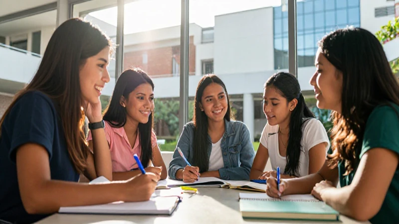 Estudiantes mexicanos sonrientes estudiando en el campus