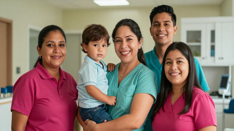 Familia mexicana feliz en entorno sanitario moderno